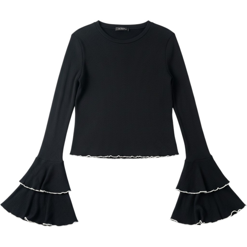 Black Ribbed Long Sleeve Top Tiered Bell Sleeves White Lettuce Edge Trim Small